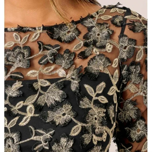 Adrianna Papell Black Gold Metallic Embroidered Sheath Dress 4 - Picture 4 of 14